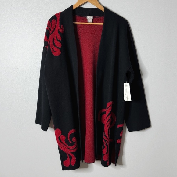 NWT Chicos Cardigan Open Front Longer Length Black Red Textured Scroll Pattern 2 - Picture 2 of 16